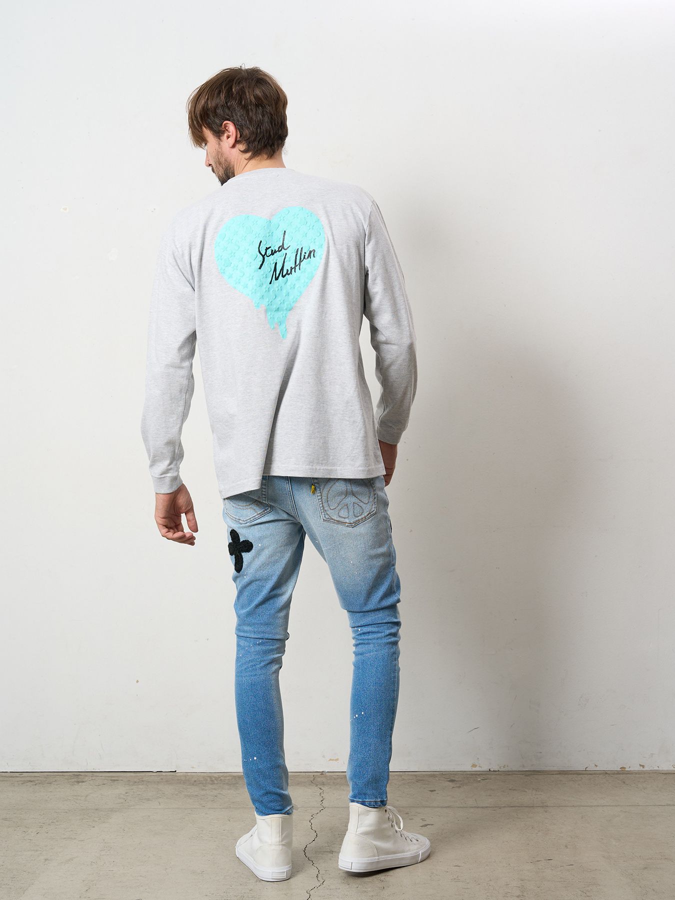 【予約品 5月8日(木) AM10時 締切】 5.6ozコットン天竺 スターグラムハート＆シークインLS Tシャツ / アッシュ