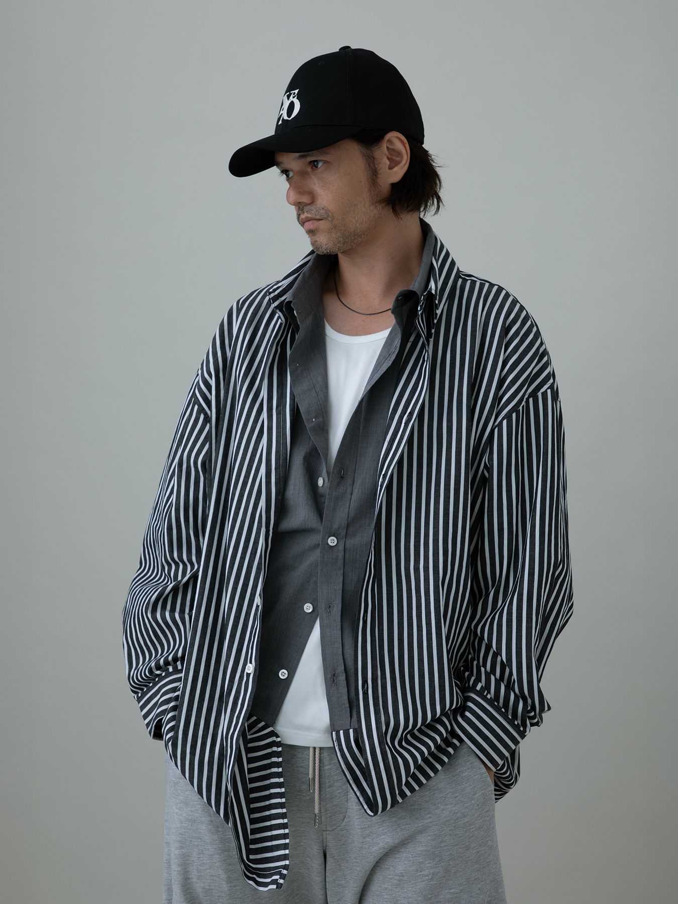 【予約品 10月26日(日) 締切】DOUBLESHIRT / レイヤード ストライプシャツ / BLACK Block.st