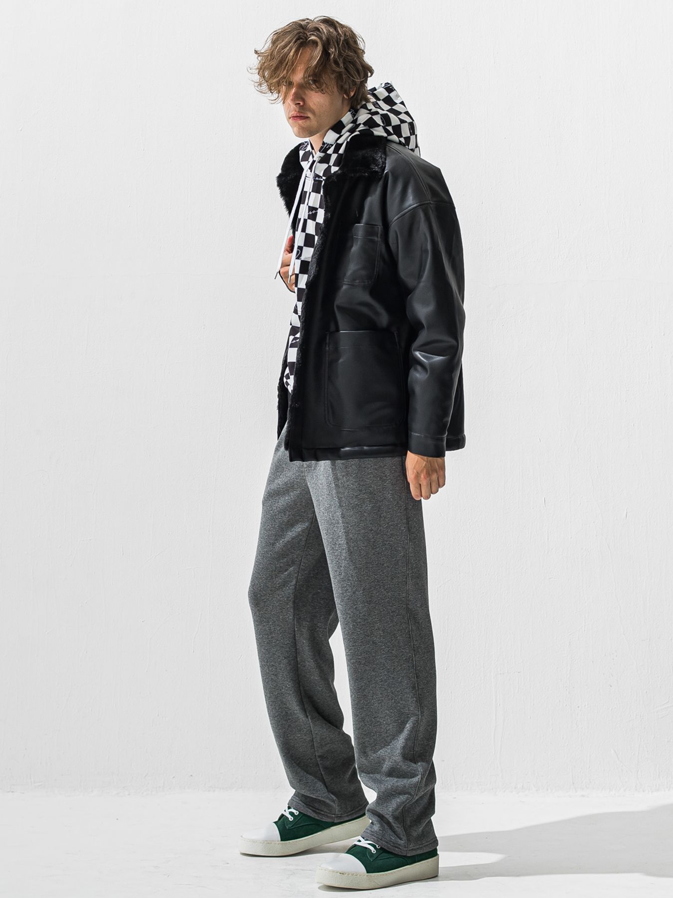 【予約品 9月6日(日) 締切】CHECKER BACK FLEECE TRAINER / 裏起毛 ルーズフーディー / ホワイト×ブラック
