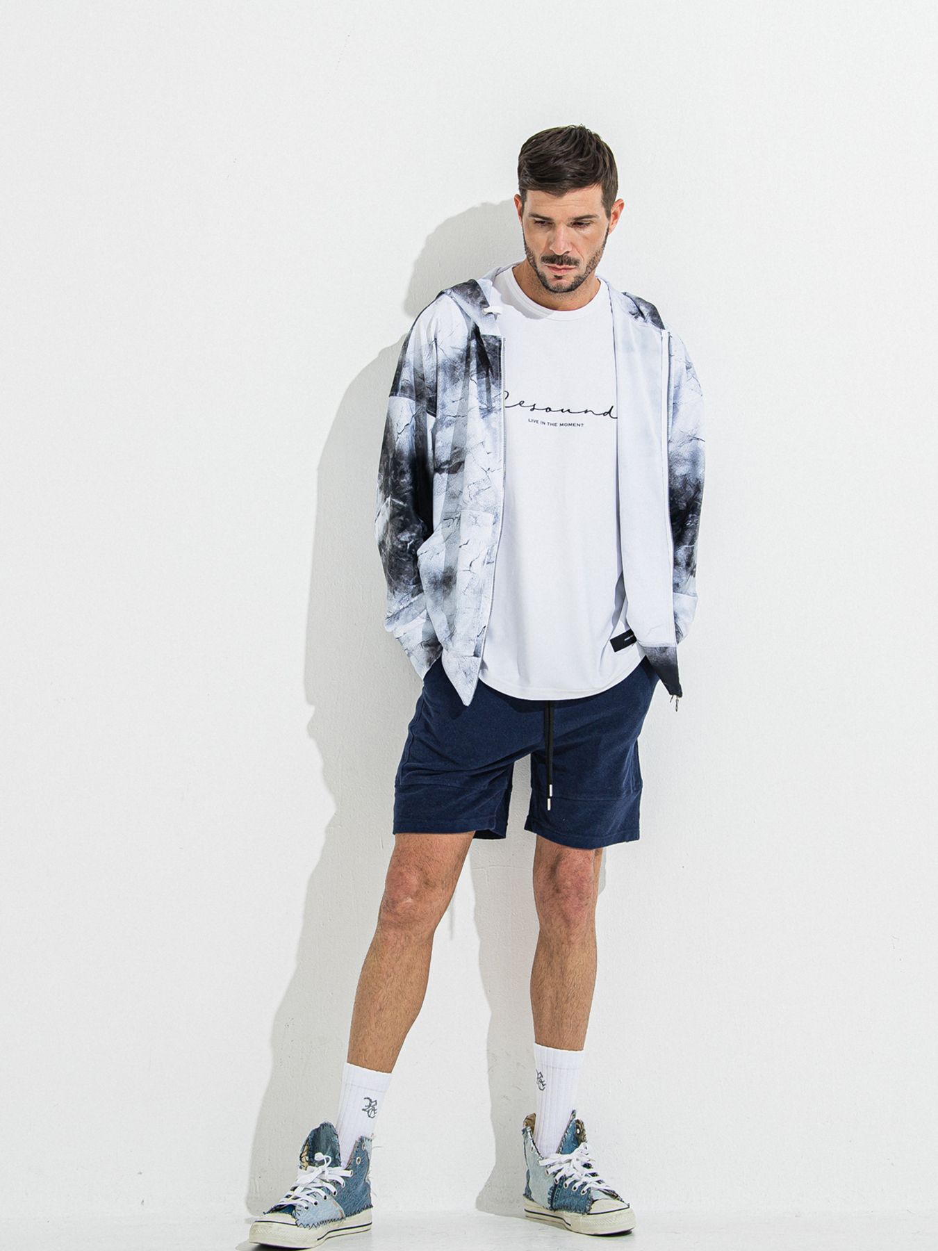 【予約品】RASH OVER ZIPUP HOODIE / ラッシュガード オーバーサイズジップアップパーカー / マーブルホワイト