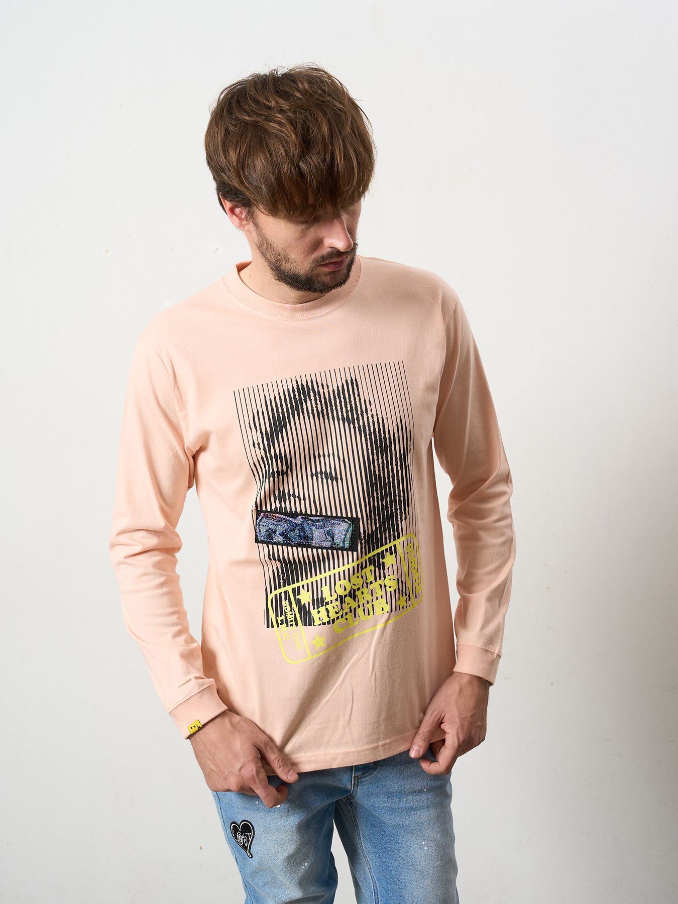 【予約品 5月8日(木) AM10時 締切】 5.6ozコットン天竺 LOST HEARTS シークインLS Tシャツ / ペールピンク
