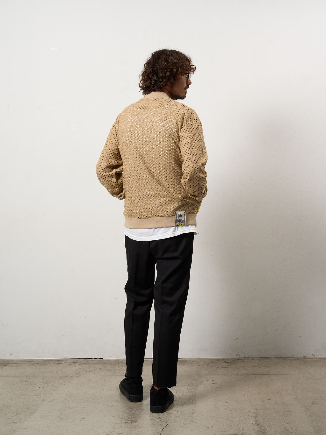 【予約品 10月16日(木) 締切】コットンラッセルメッシュ ハンドニット ワッペン ビッグジップブルゾン / ベージュ