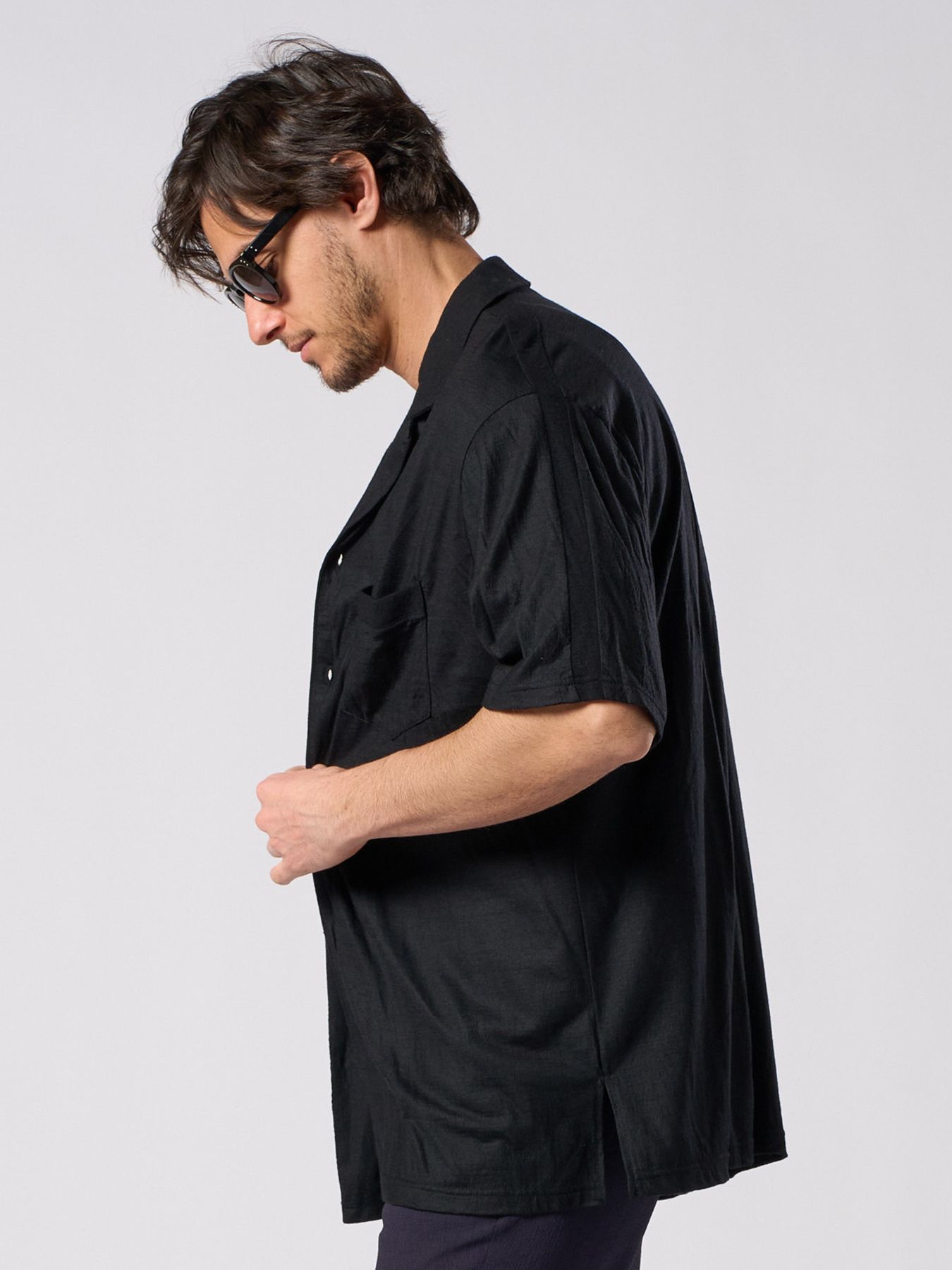 【予約品 1月25日(日) 締切】ex.comfy wool open collar shirt / サマーウール オープンカラーシャツ / ブラック