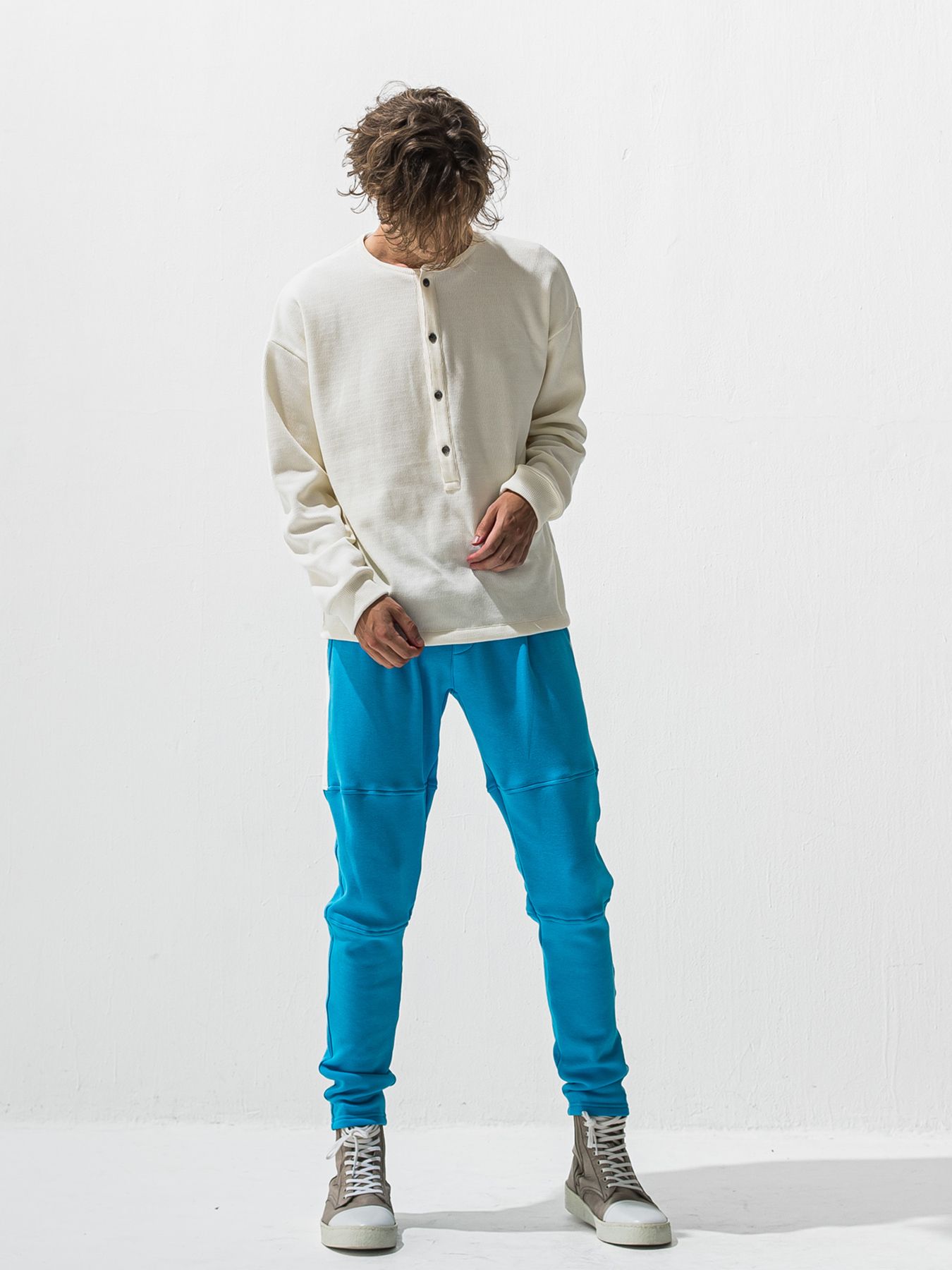 【予約品 9月6日(日) 締切】OVER HENRY VELOURS FLEECE THERMAL / 裏起毛 ハニカムサーマル オーバーサイズヘンリーネック / ホワイト