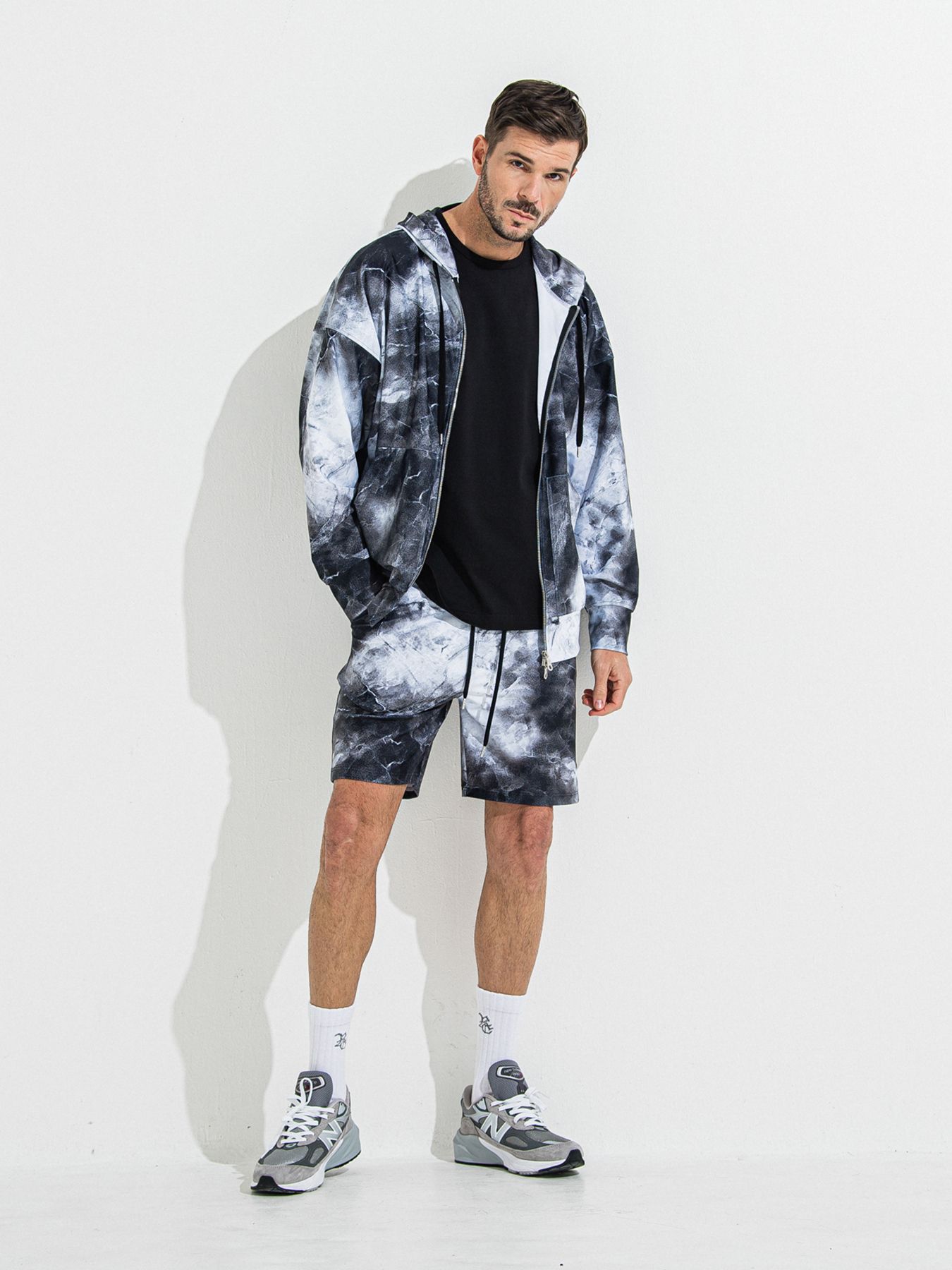 【予約品 】RASH OVER ZIPUP HOODIE / ラッシュガード オーバーサイズジップアップパーカー / マーブルブラック