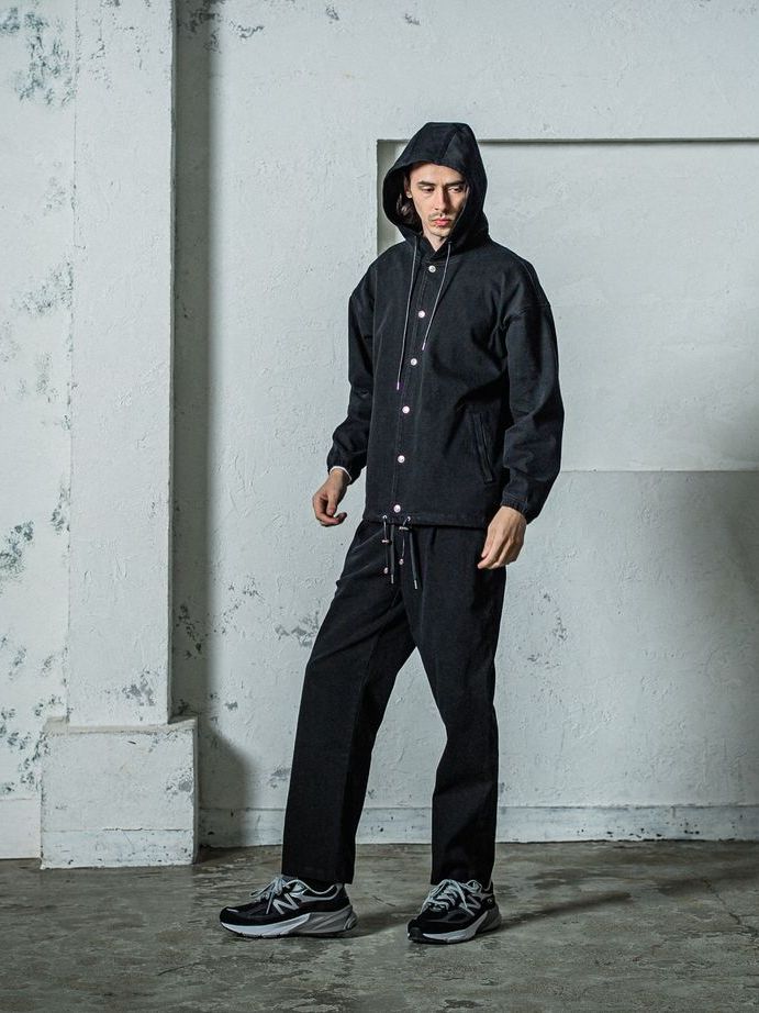 《予約11月17日19時締め》 DENIM JERSEY  coach hoodie / ジャケットパーカー / ブラック
