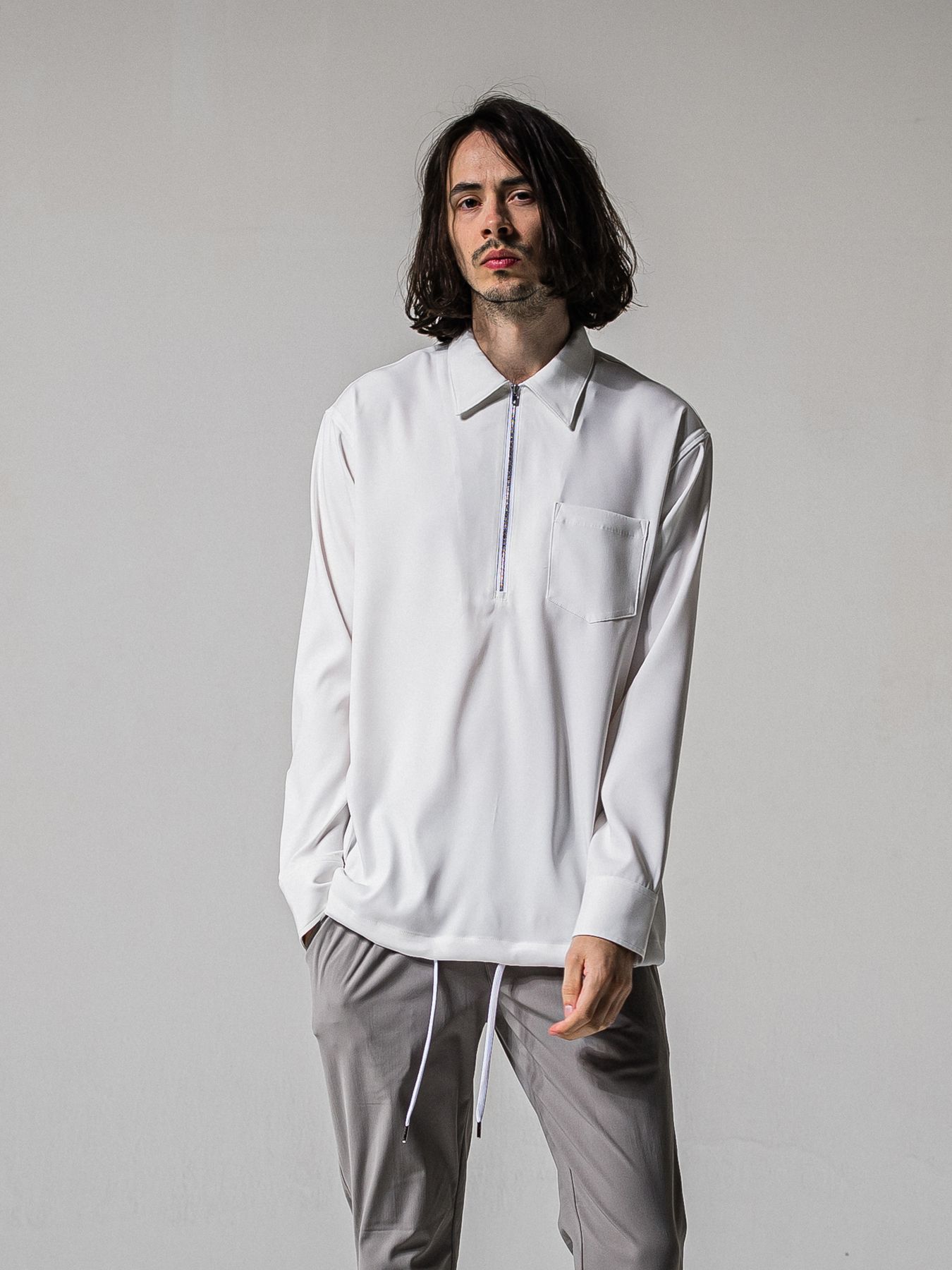 【予約品 11月16日(日) 締切】PULL OVER SATIN SHIRT / ジッププルオーバー サテンシャツ / ホワイト