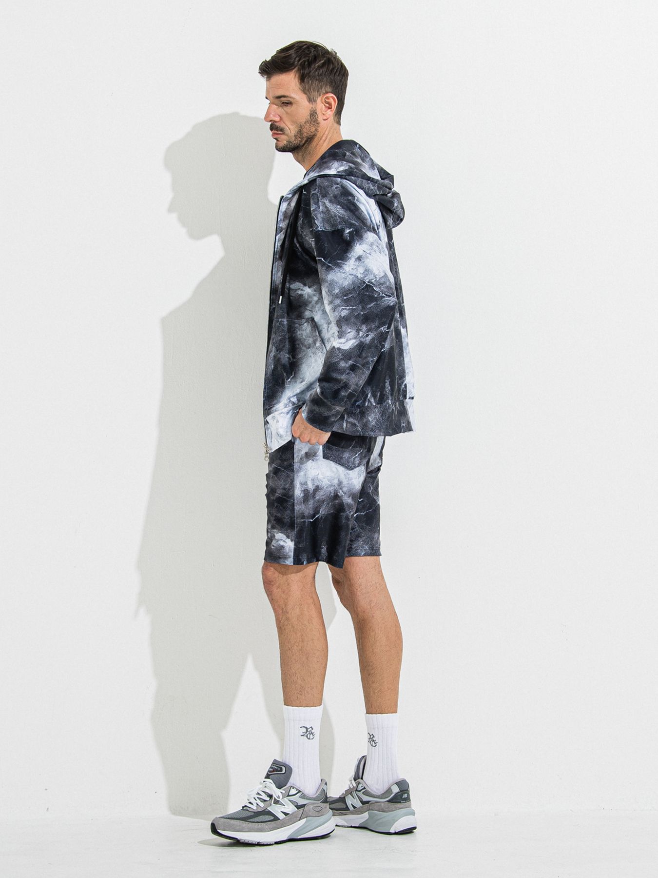 【予約品 】RASH OVER ZIPUP HOODIE / ラッシュガード オーバーサイズジップアップパーカー / マーブルブラック