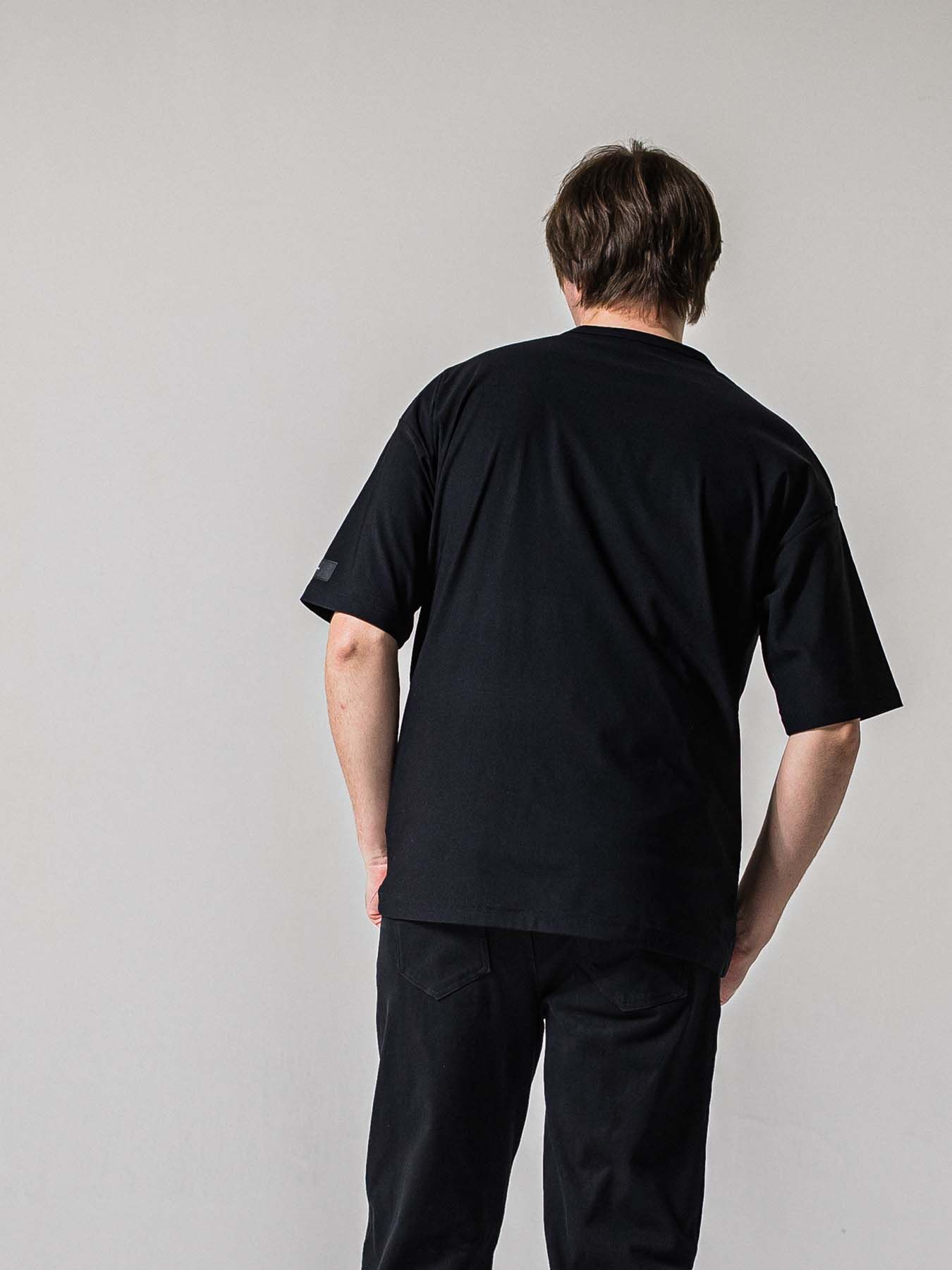 【予約品 11月16日(日) 締切】LEATER POCKET OVER NYLON T / エコレザーポケット ルーズTシャツ / ブラック