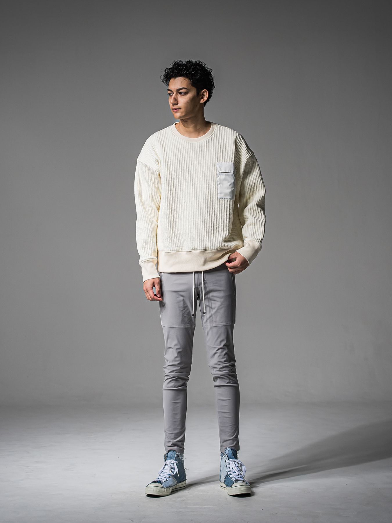 【予約品 】STRIPE QUILTING DROP TRAINER / ストライプキルティング ルーズトレーナー / オフ