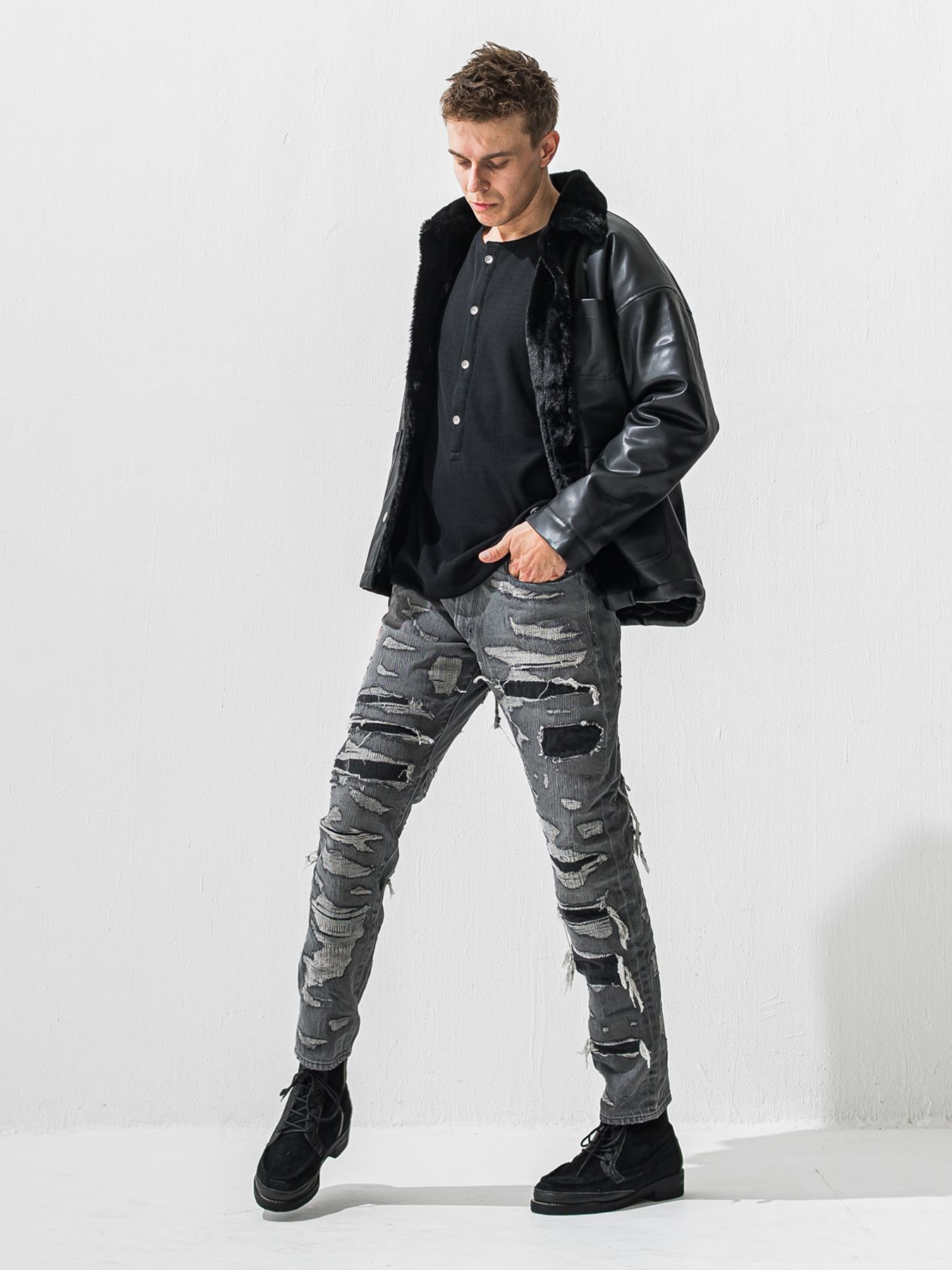 【予約品 9月6日(日) 締切】OVER HENRY VELOURS FLEECE THERMAL / 裏起毛 ハニカムサーマル オーバーサイズヘンリーネック / ブラック