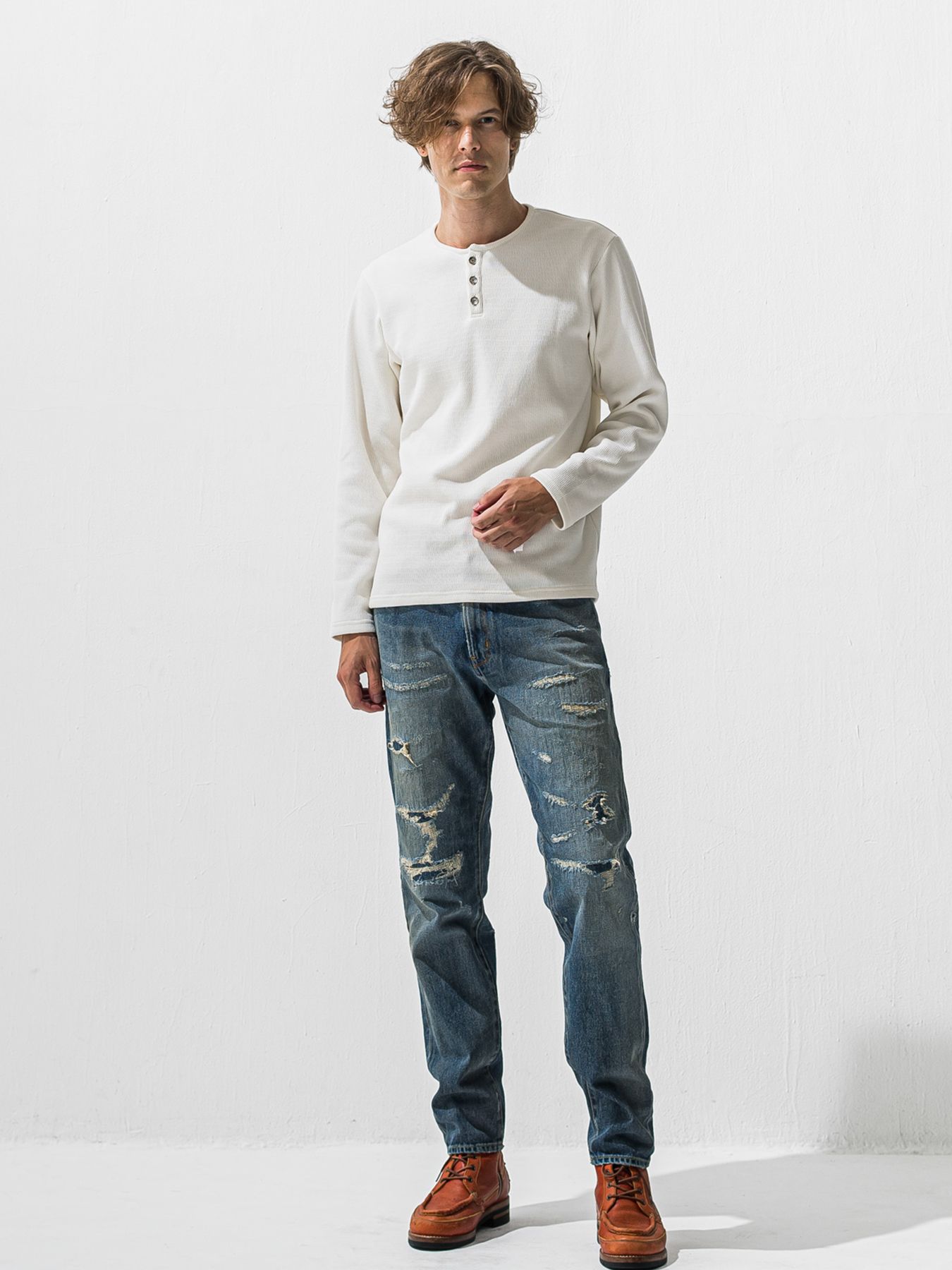 【予約品 9月6日(日) 締切】VELOURS FLEECE THERMAL HENRY / 裏起毛 ハニカムサーマル ヘンリーネック / ホワイト