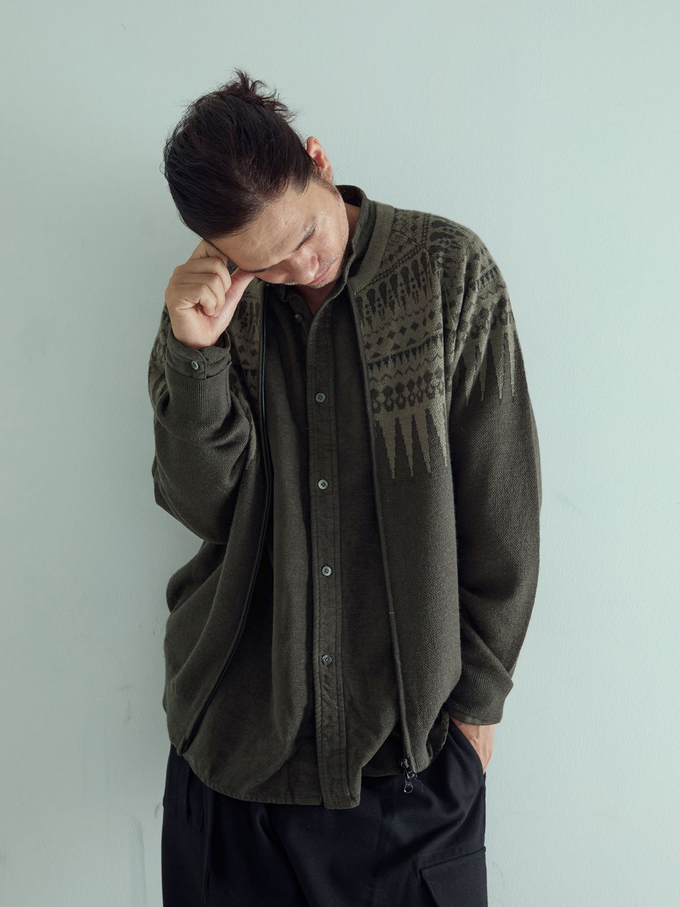 【予約品 】ARROWKNIT / ジャガードニットカーディガン / チャコール×SD系