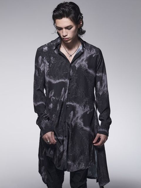 《予約品》 FlareLongShirt / フレアーロングシャツプリント / ブラック＆グレー 【kiryuyrik】 10月中旬以降入荷予定