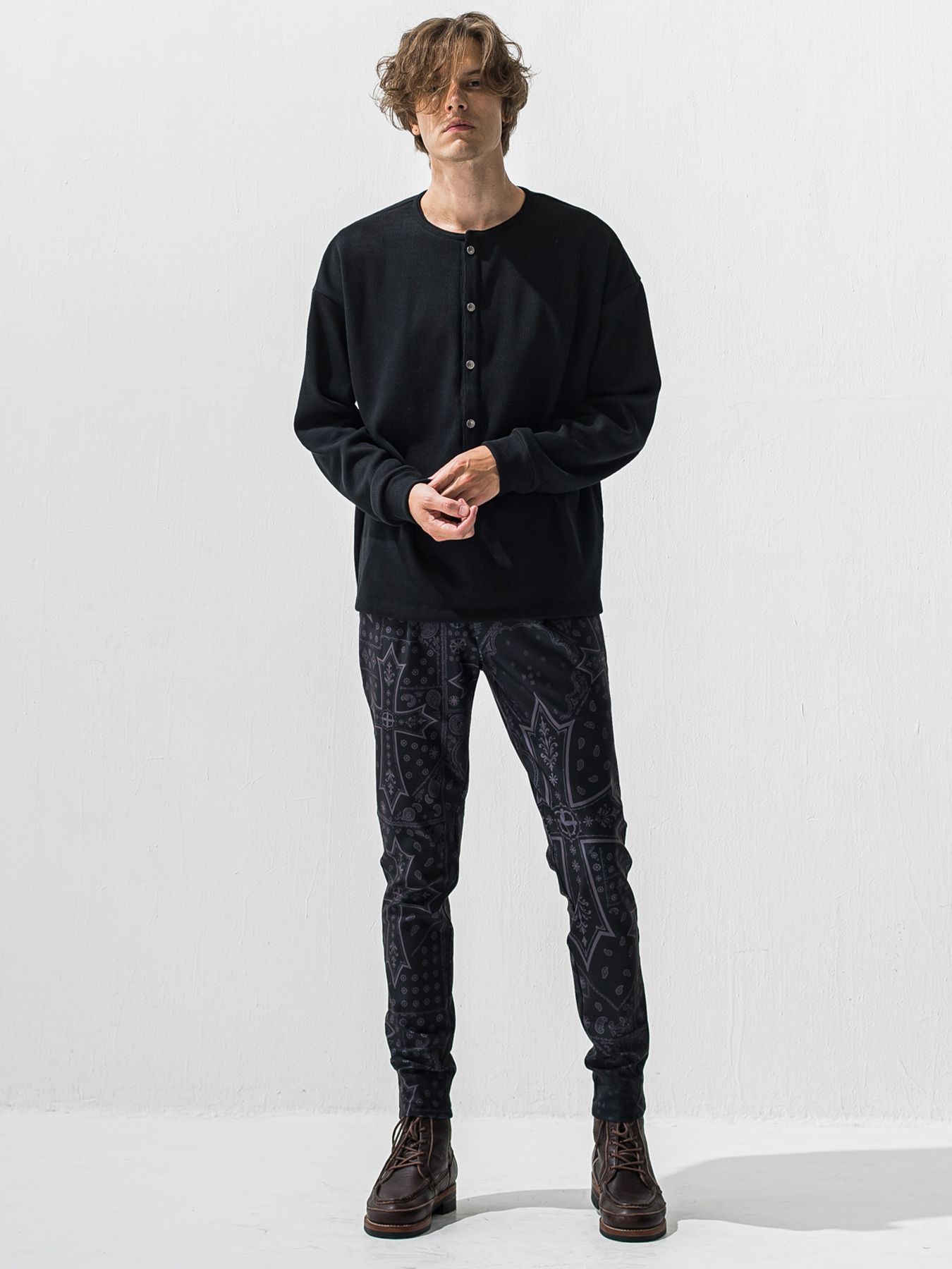 【予約品 9月6日(日) 締切】OVER HENRY VELOURS FLEECE THERMAL / 裏起毛 ハニカムサーマル オーバーサイズヘンリーネック / ブラック