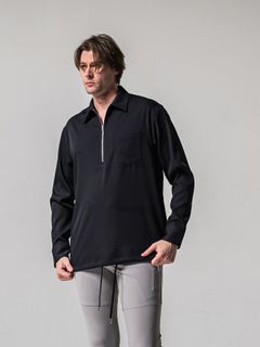 【予約品 11月16日(日) 締切】PULL OVER SATIN SHIRT / ジッププルオーバー サテンシャツ / ブラック