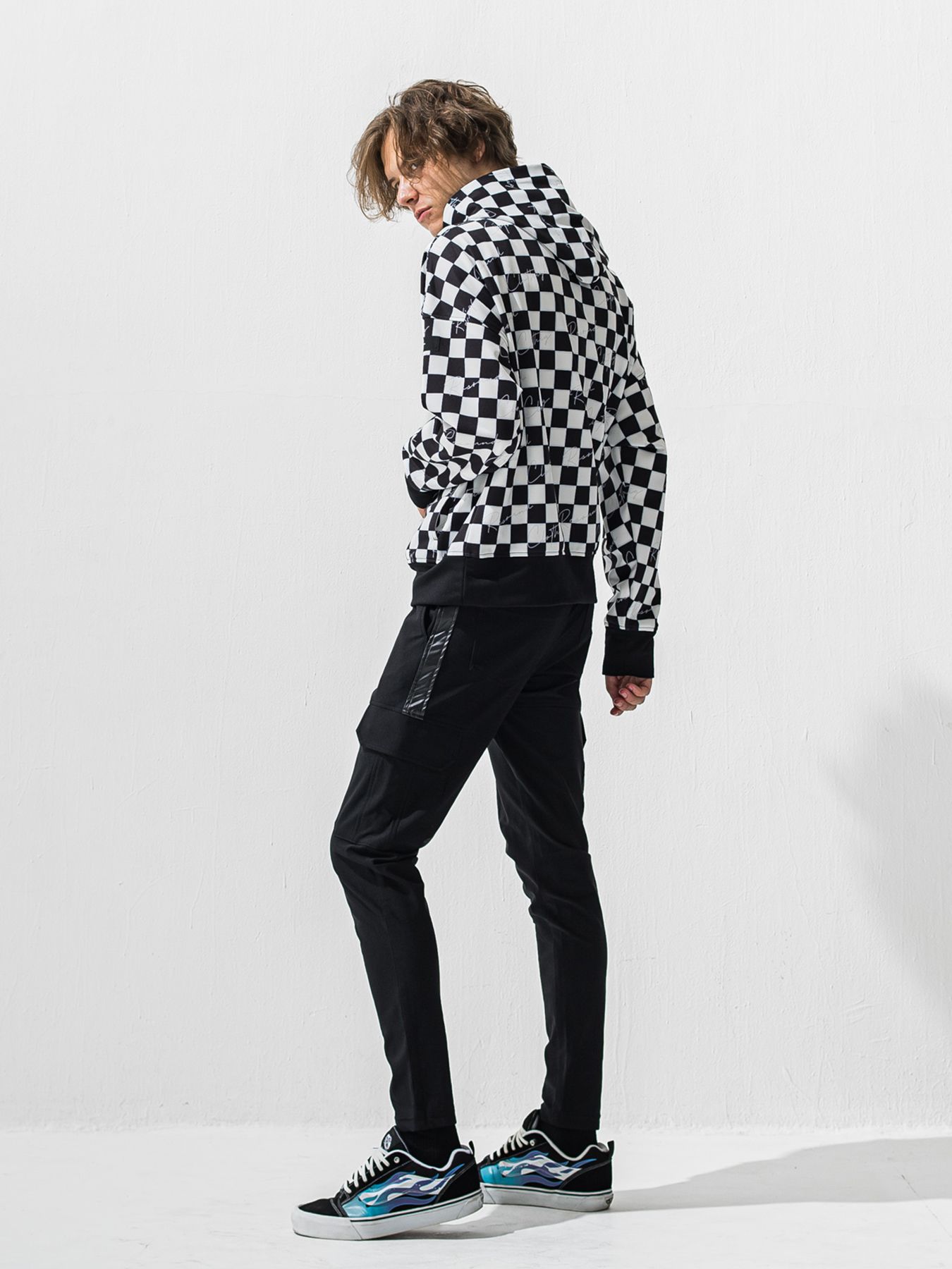 【予約品 9月6日(日) 締切】CHECKER BACK FLEECE TRAINER / 裏起毛 ルーズフーディー / ホワイト×ブラック