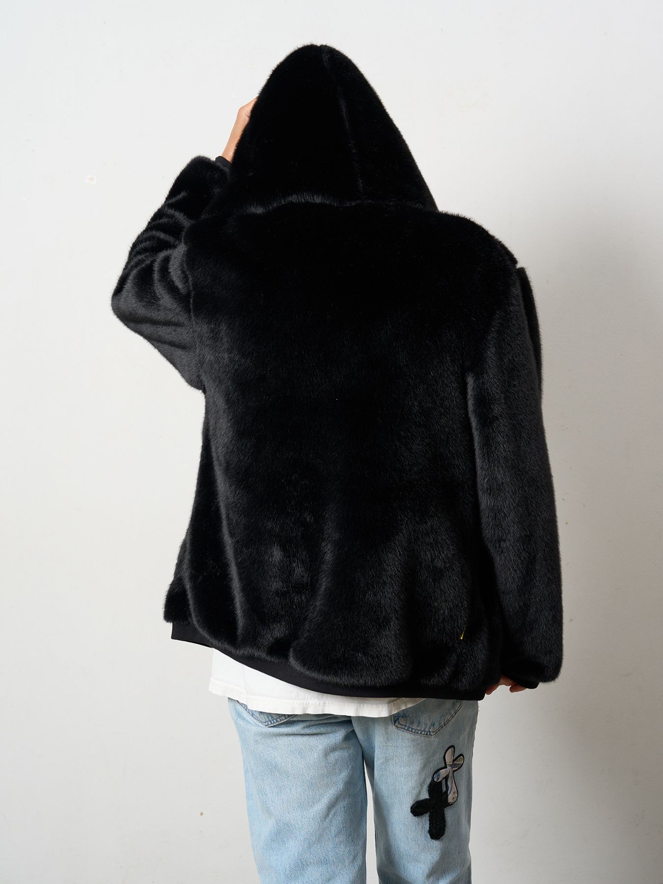 【予約品 】 ECOファー マルチパッチワークビックジップワイドパーカー / ブラック