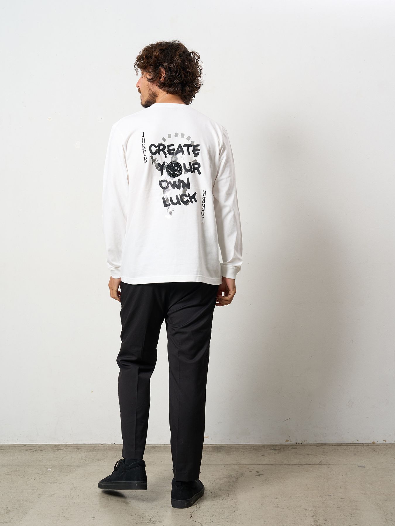 【予約品 5月8日(木) AM10時 締切】 5.6ozコットン天竺 CREATE YOUR OWN LUCK&マルチパッチワーク LS Tシャツ / ホワイト