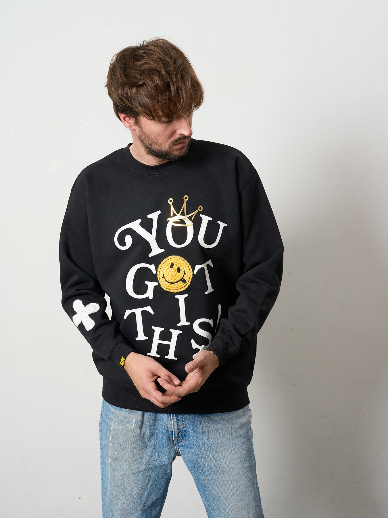 【予約品 5月8日(木) AM10時 締切】 TC裏毛起毛 YOU GOT THIS マルチパッチワークスウェットシャツ / ブラック