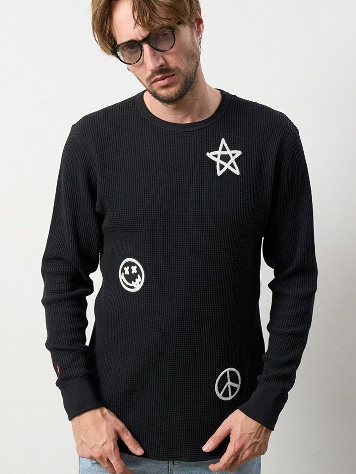 ヘビーウエイトコットンワッフル マルチサガラパッチラウンドヘムLS Tシャツ / ブラック 【STUD MUFFIN(スタッドマフィン)】