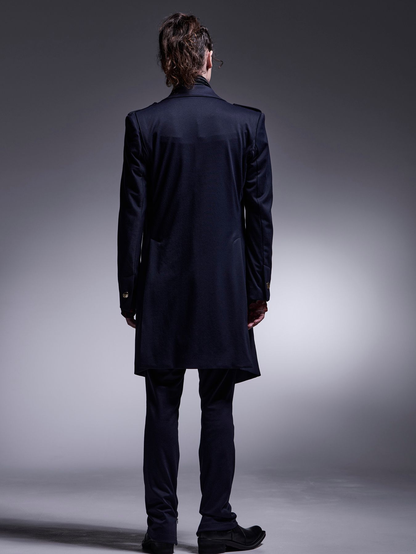 【予約品 7月13日(日) 締切】Epaulet Peaked Long Jacket / エポーレット ピークドラペル ロングジャケット / ネイビー