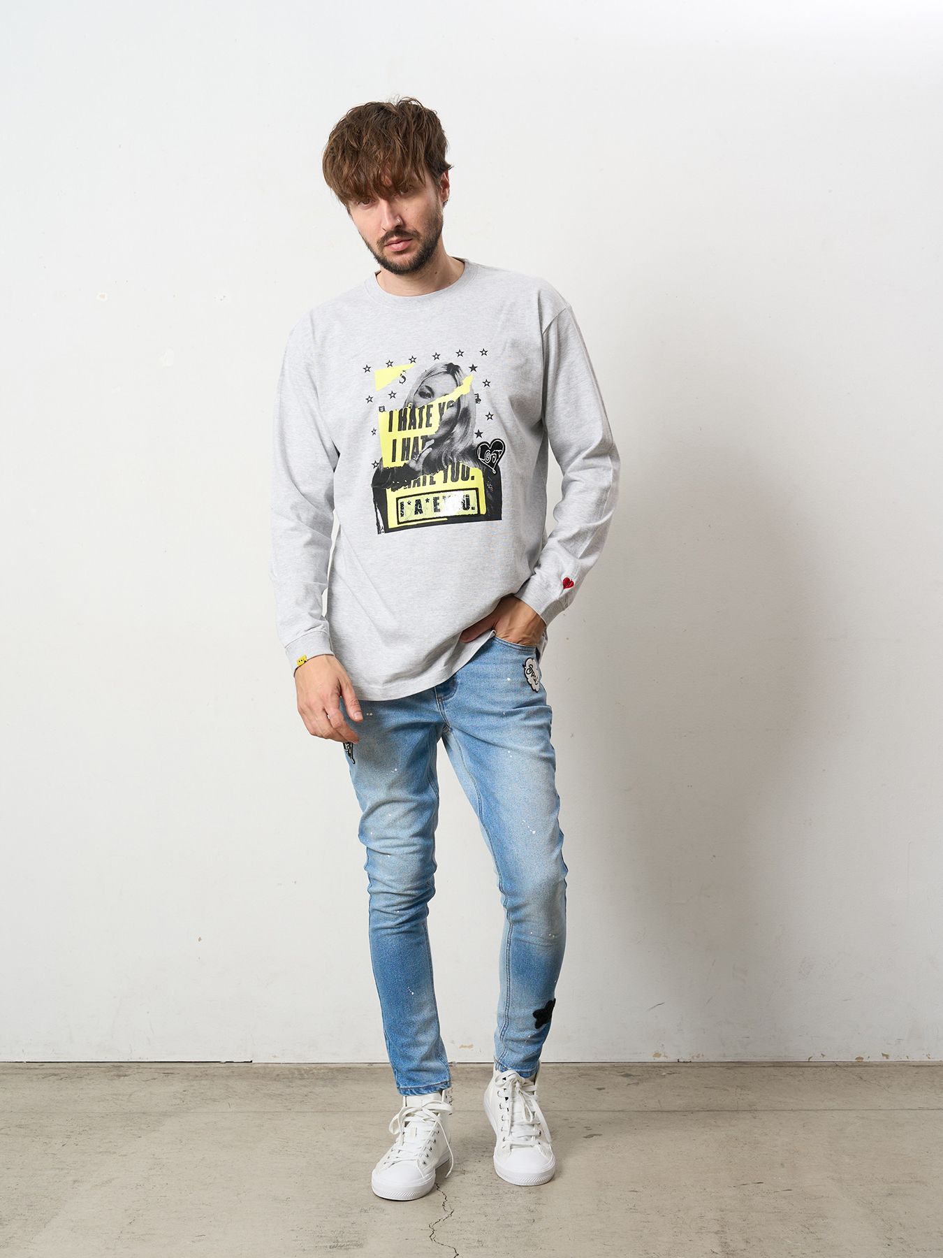 【予約品 5月8日(木) AM10時 締切】 5.6ozコットン天竺 I HATE YOU シークインLS Tシャツ / アッシュ