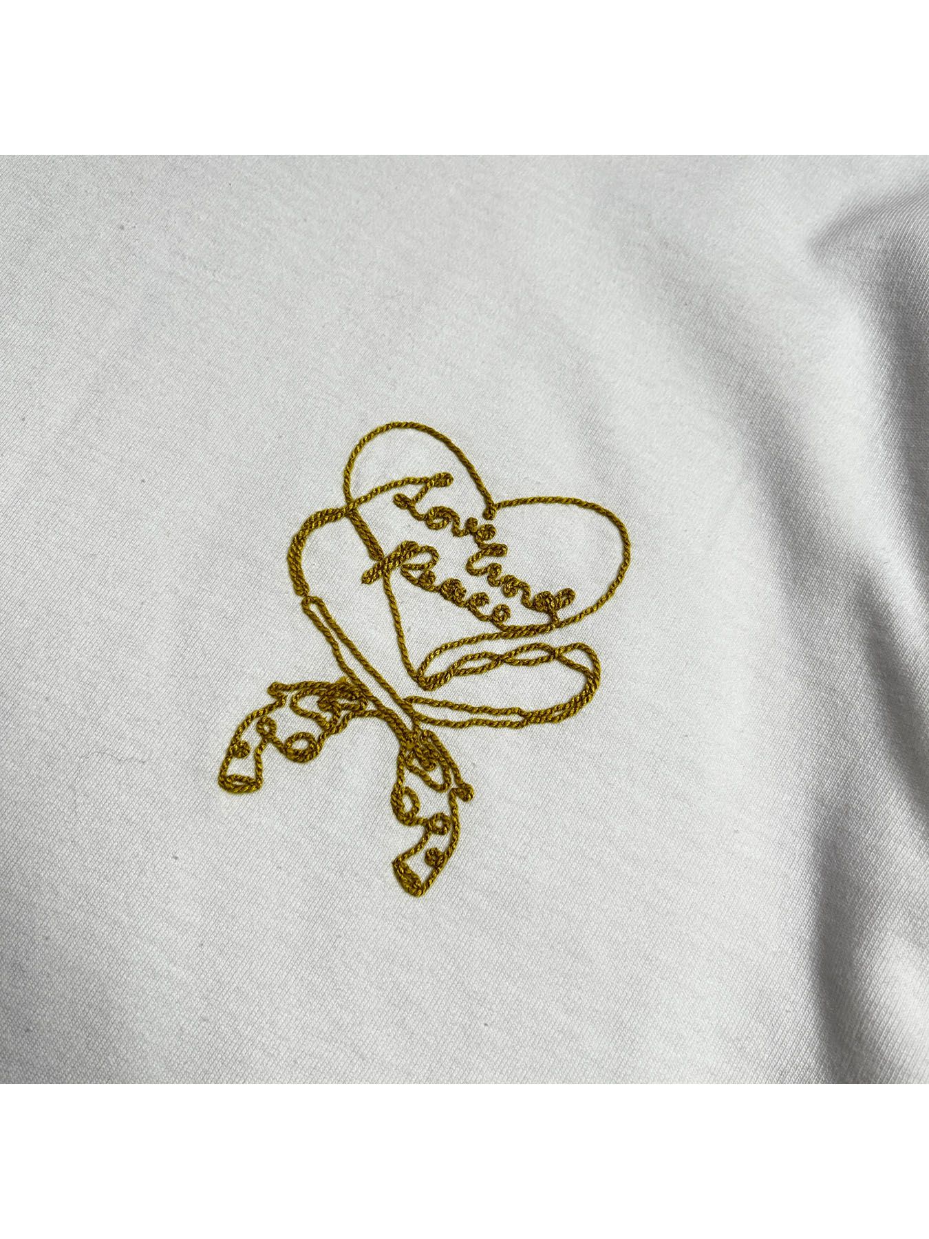 【予約品 8月10日(日) 締切 】HEART CORD EMB S/S T / ハートコード Tシャツ / 刺繍 ホワイト×イエロー