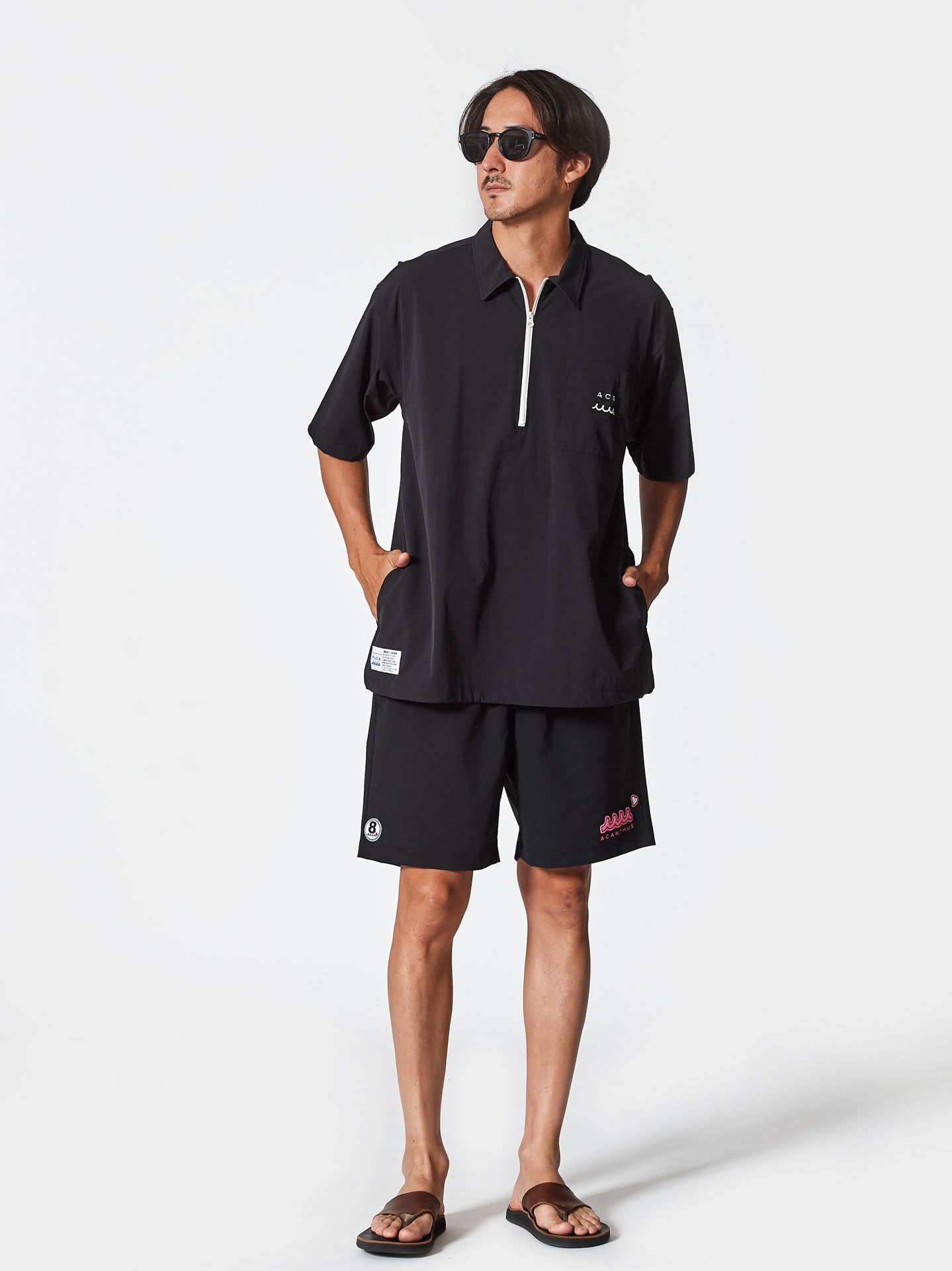 muta Half ZIP S/S Shirt / 撥水加工プルオーバーシャツ / ブラック 【Acanthus×muta】