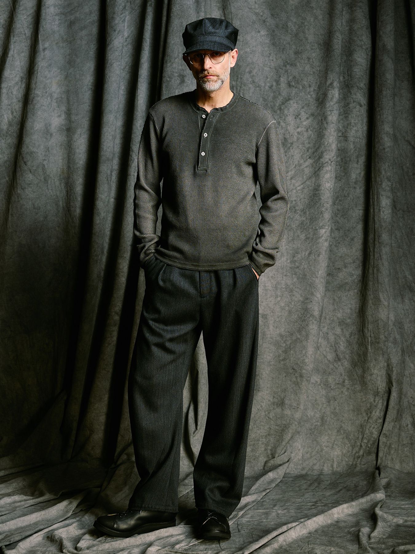 【予約品 4月19日(日) 18時締切】waffle henley L/S / ワッフル ヘンリーネック ロングスリーブ / ブラック