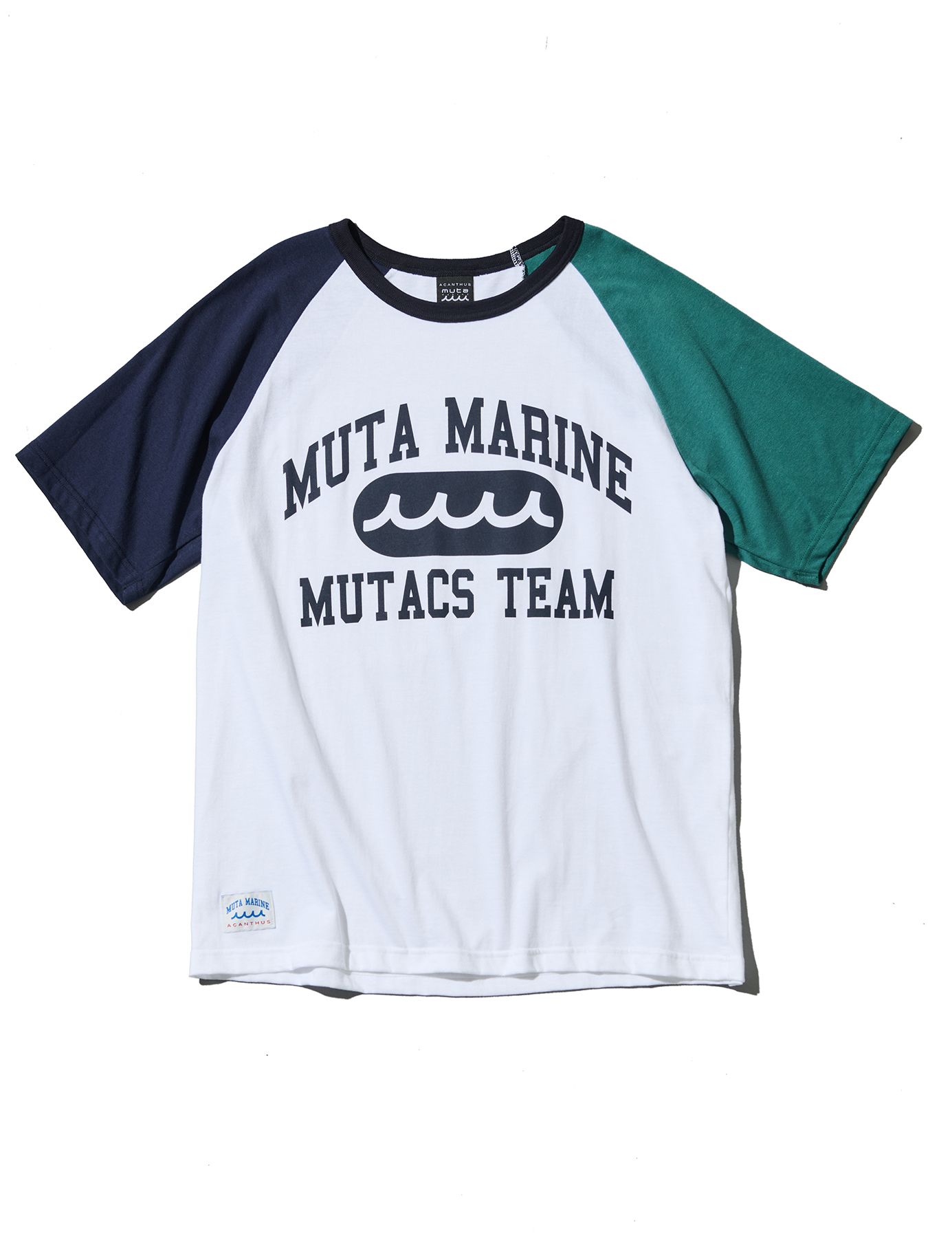 【予約品 10月9日(木) 締切】muta College Logo Raglan Sleeves Tee / ラグランTシャツ / ホワイト×グリーン【Acanthus × muta MARINE】