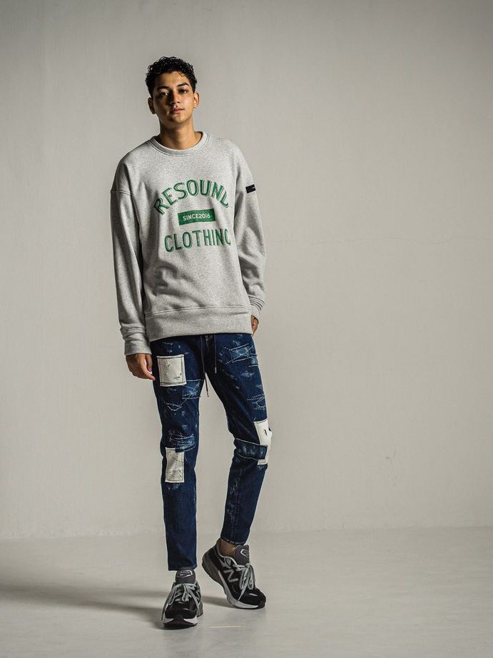 《予約9月1日18時締め》 college  velours fleece drop trainer  / ルーズトレーナー / グレーグリーン