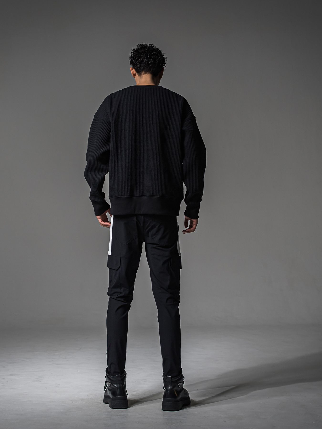 【予約品 】STRIPE QUILTING DROP TRAINER / ストライプキルティング ルーズトレーナー / ブラック