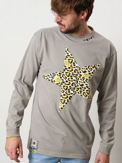 【予約品 5月8日(木) AM10時 締切】 5.6ozコットン天竺 レオパードスタースマイル発泡プリント LS Tシャツ / チャコールグレー