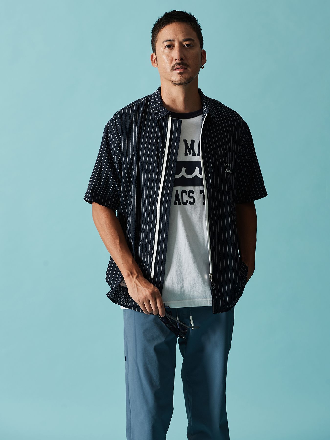【予約品 10月9日(木) 締切】muta Dot Air(R) Zip Up S-S Shirt / ZIP半袖シャツ / ネイビーストライプ【Acanthus × muta MARINE】