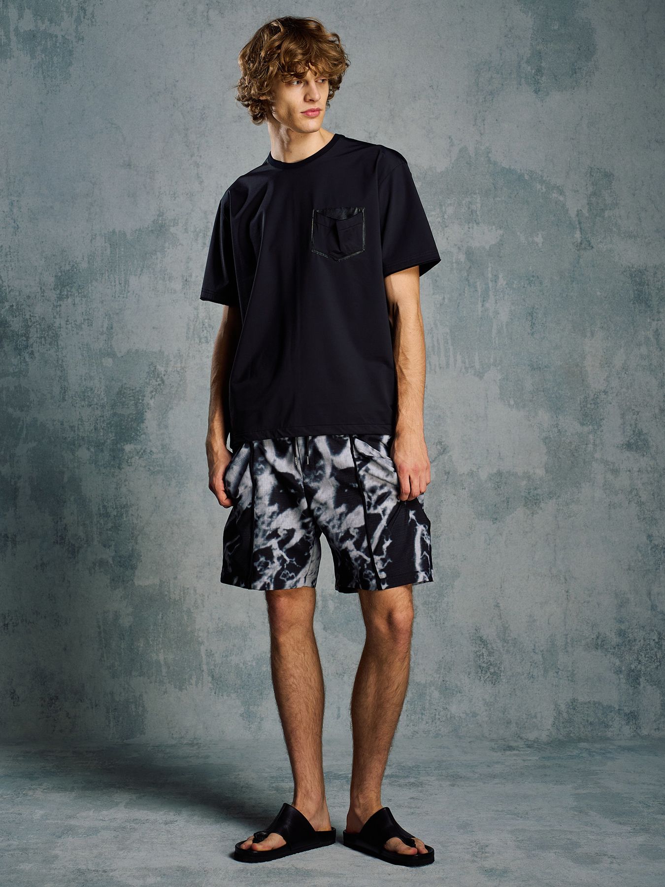 【予約品 1月25日(日) 締切】drawstring leather pocket S/S / ドローストリング レザーポケット ショートスリーブ / ブラック