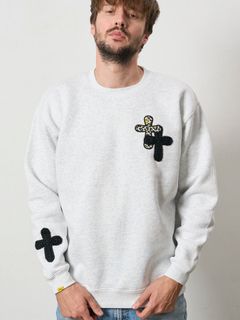 【予約品 5月8日(木) AM10時 締切】 TC裏毛起毛 ロゴクロス発泡プリント&クロスパッチワーク スウェットシャツ / アッシュ