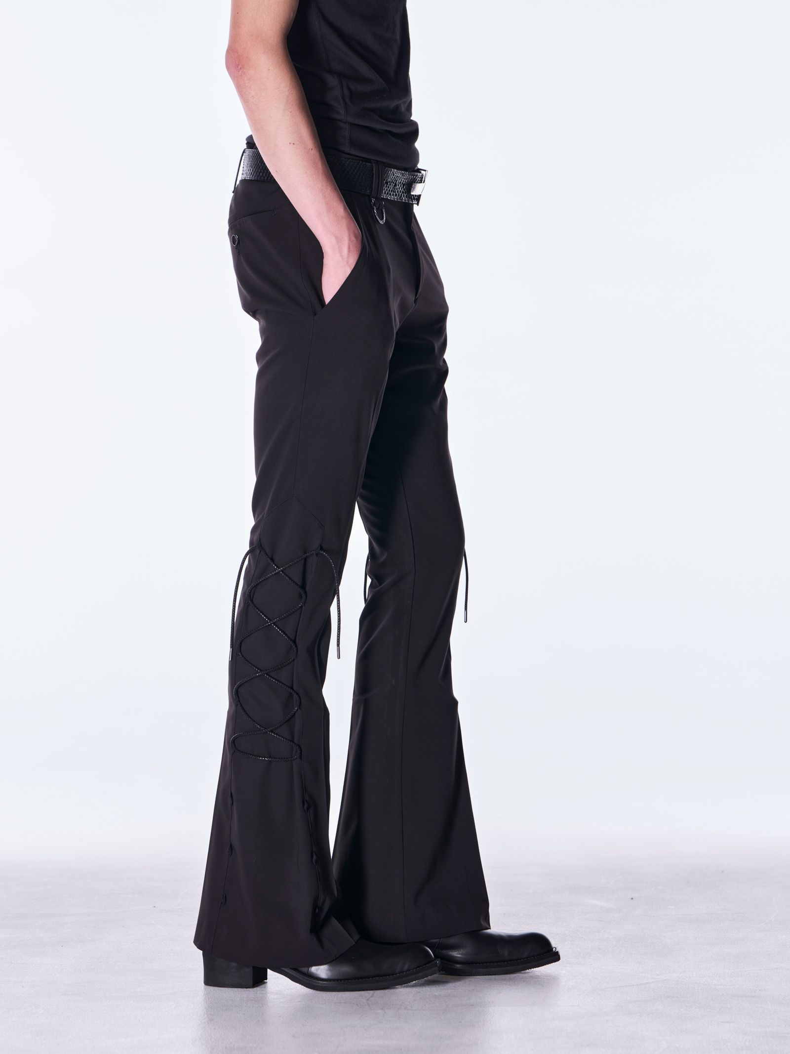 【予約品 6月29日(月) 締切】PE Gabardine Lace Up Flare Slacks / レースアップ フレアスラックス / ブラック