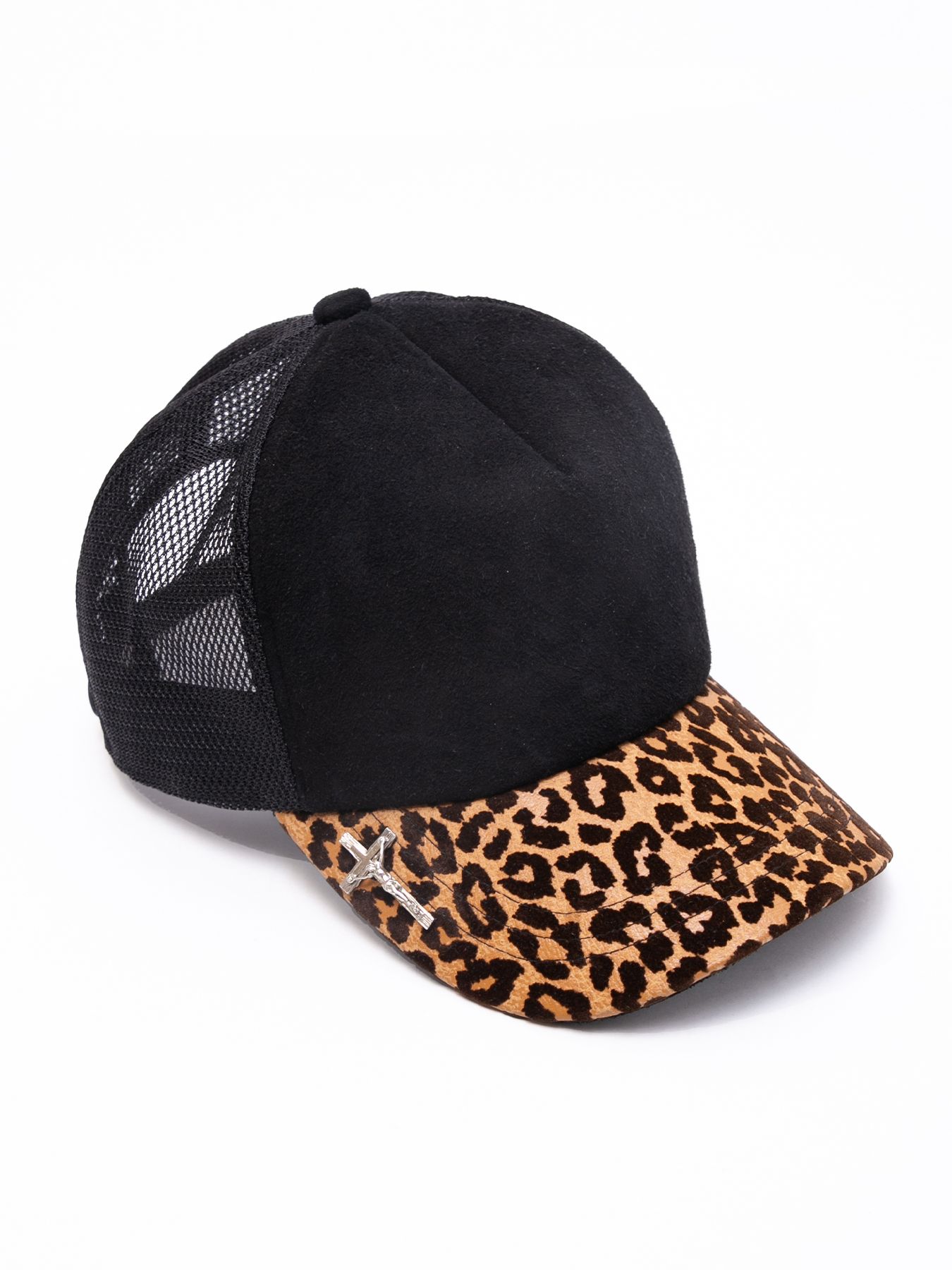 【予約品 4月6日(月) 締切】Deerskin Suede × Leopard Flock Printed Pig Suede Leather Cap / ディア スエード × 豹柄フロッキープリント ピッグ スエード レザーキャップ / ブラック×レオパード