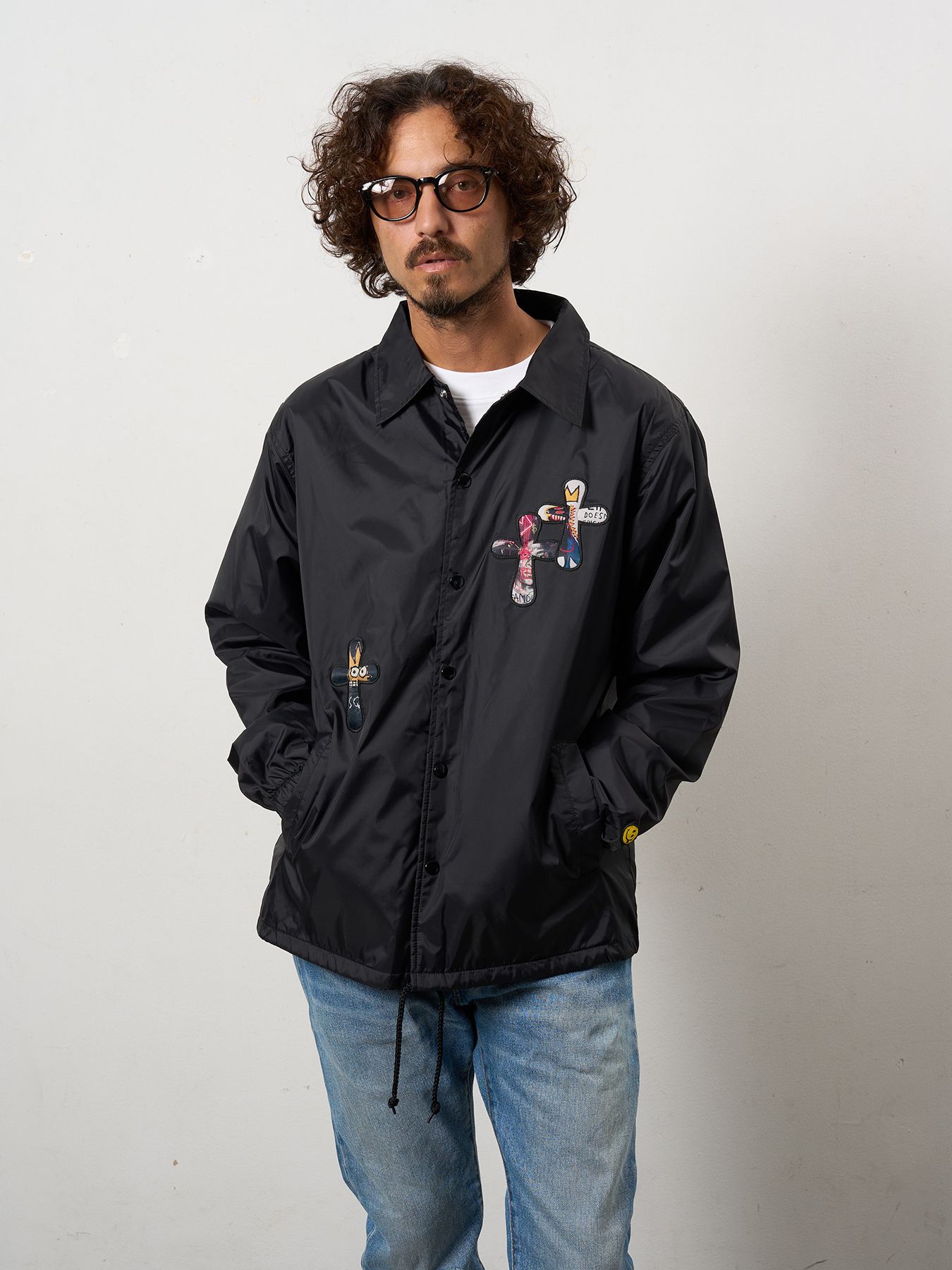 【予約品 10月16日(木) 締切】STYLE STYLE ドリップスタークロスパッチ ナイロン コーチジャ オーセンティックパイル ウェービーロゴ スマイル ケット / ブラック