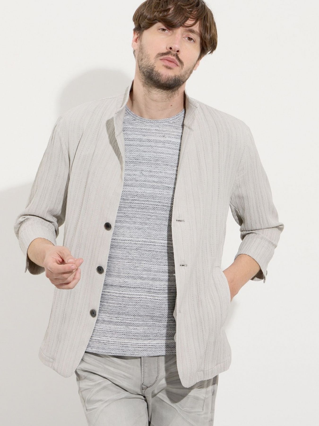 カラープリーツ7分袖ジャケット / ライトグレー【HIDEAWAYS NICOLE】