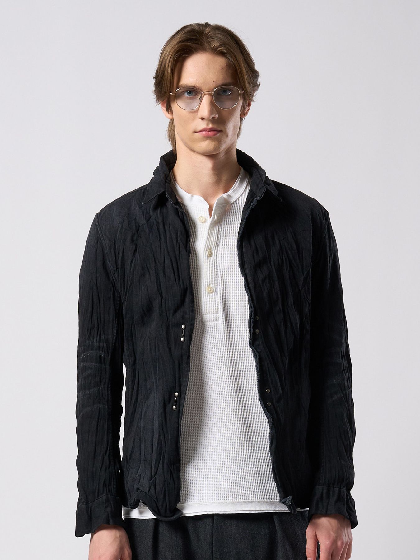 【予約品 4月19日(日) 18時締切】2-hook denim shirt / 2フック デニムシャツ / ブラックユーズド