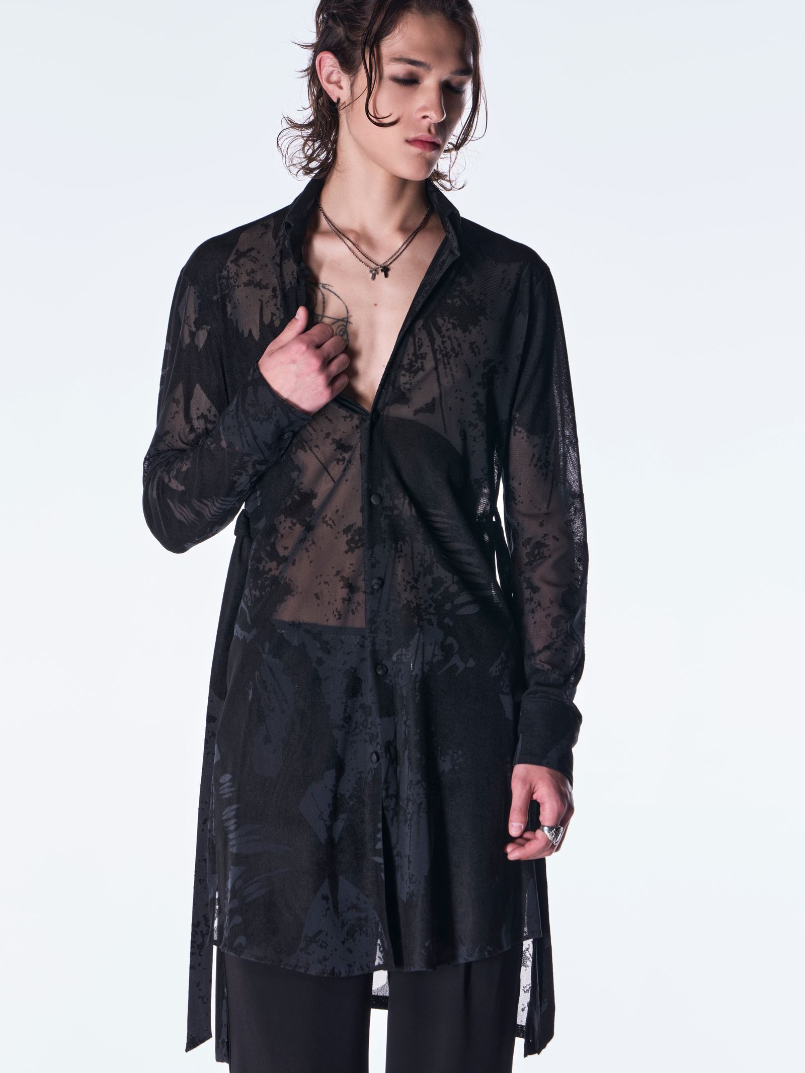 【予約品 6月29日(月) 締切】Opal Mesh Flare Shirt / オパールメッシュ フレアシャツ / ブラック