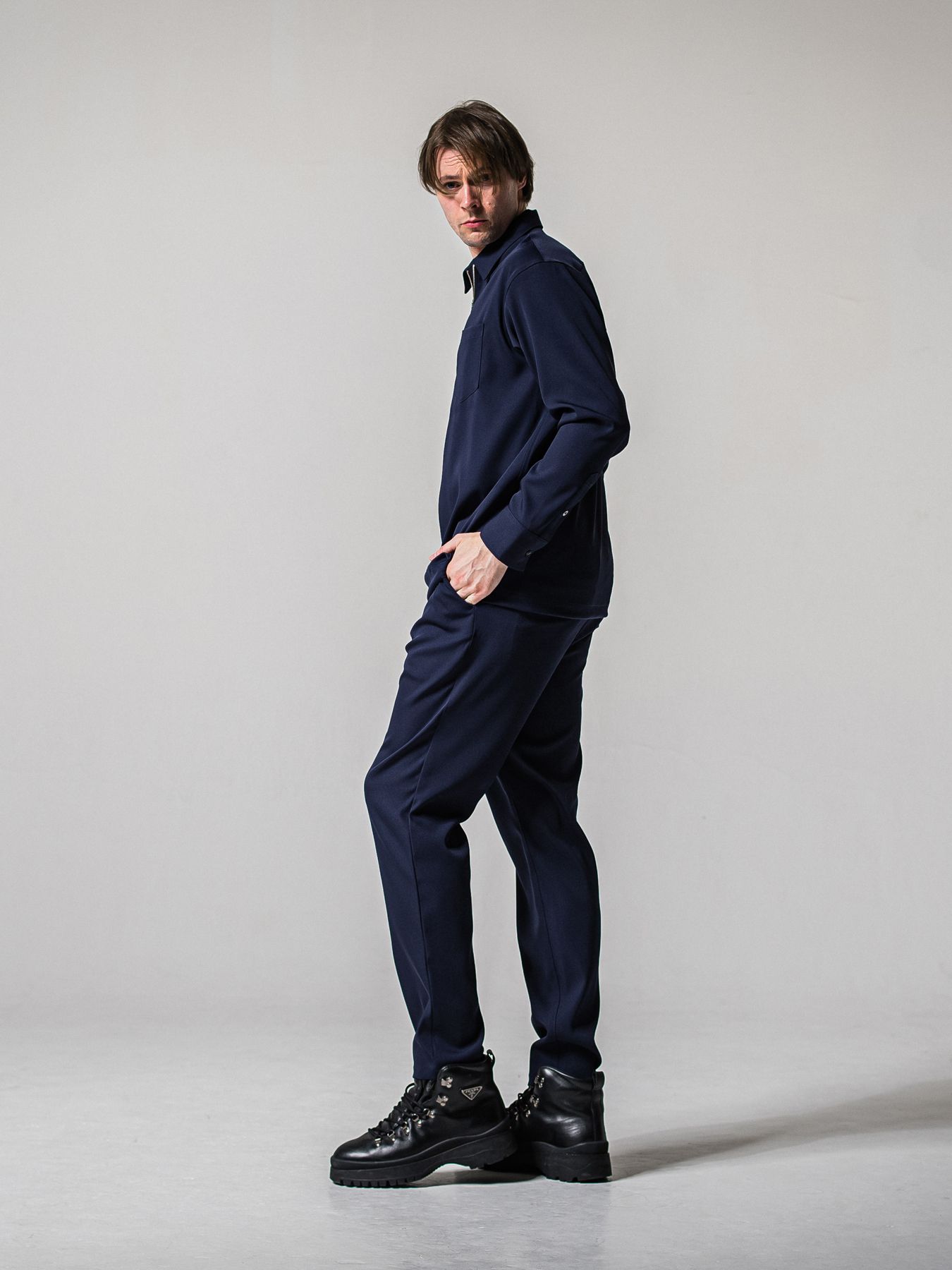 【予約品 11月16日(日) 締切】PULL OVER SATIN SHIRT / ジッププルオーバー サテンシャツ / ネイビー