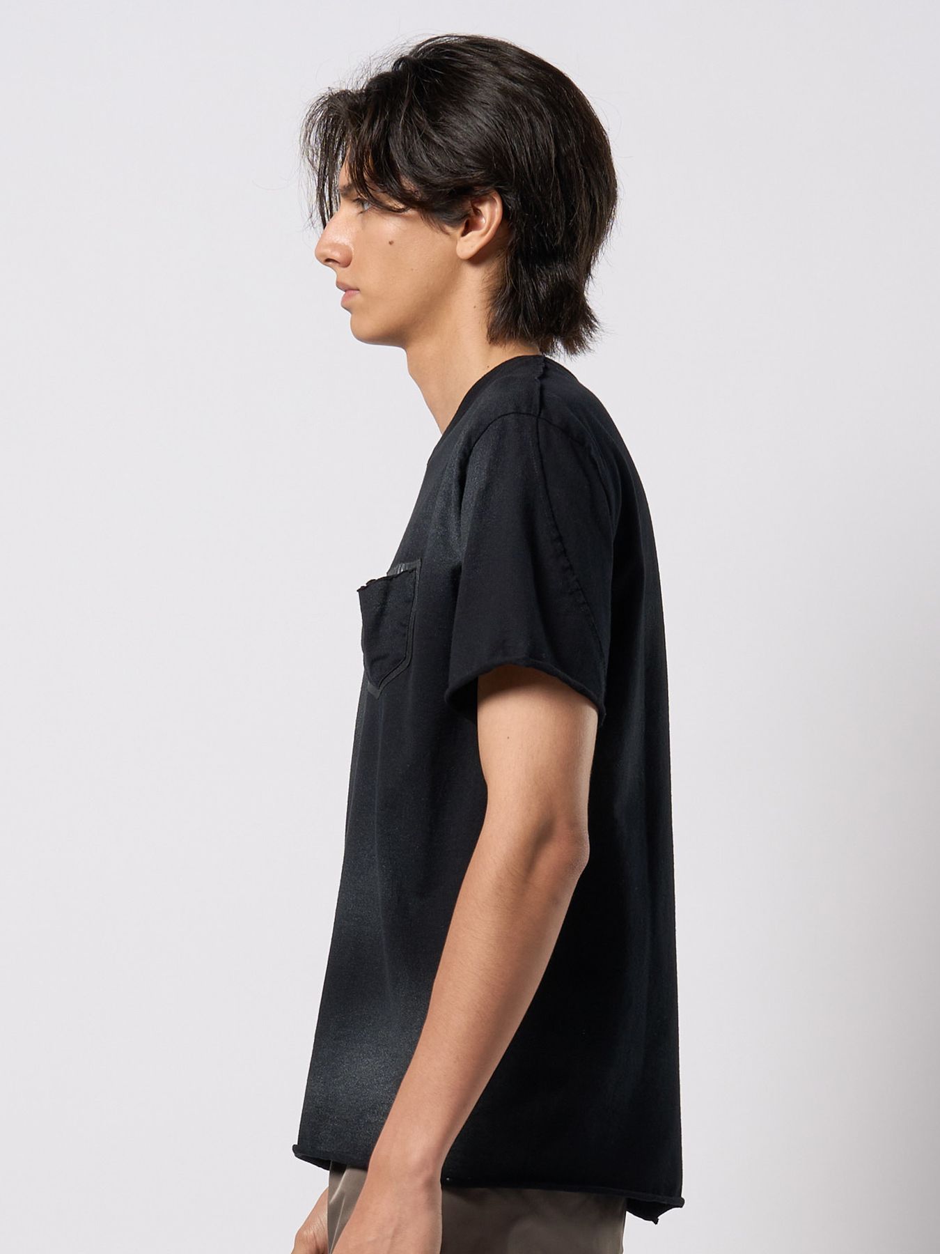【予約品 9月23日(火) 締切】spray dye leather pocket-T / スプレーダイ レザーポケットTシャツ / ブラック×シルバー