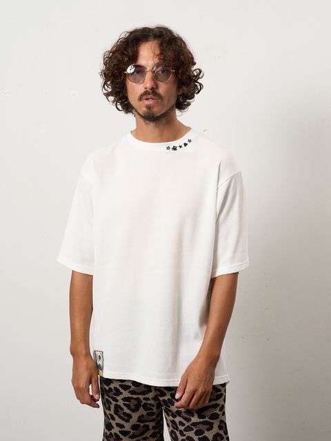 コットンヘビーワッフル ワンポイント刺繍 オーバーサイズSSシャツ / ホワイト