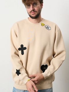 【予約品 5月8日(木) AM10時 締切】 TC裏毛起毛 レオパードスター発泡プリント&マルチパッチワーク スウェットシャツ / ベージュ