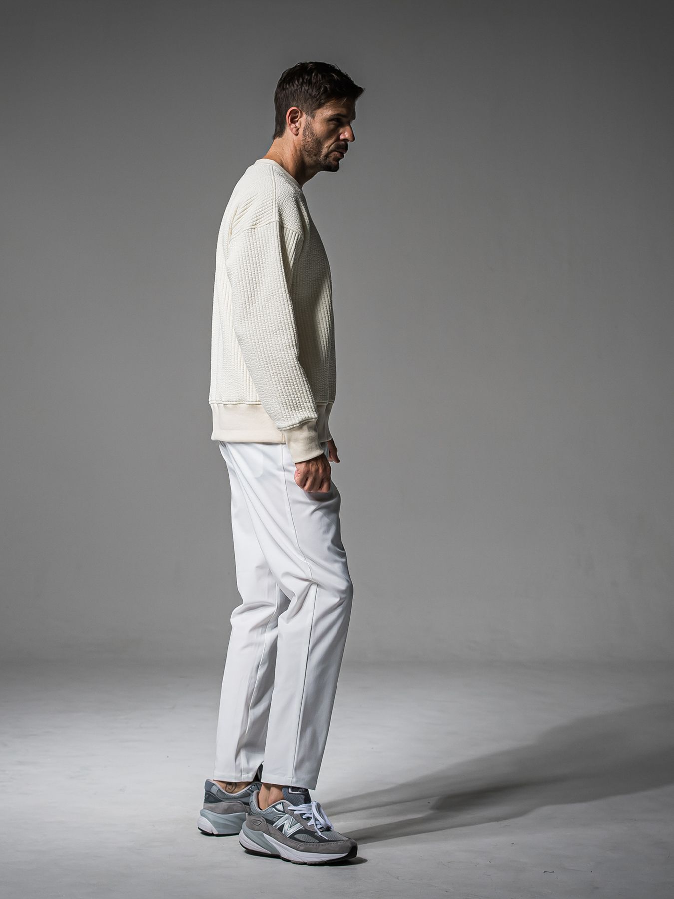 【予約品 】STRIPE QUILTING DROP TRAINER / ストライプキルティング ルーズトレーナー / オフ