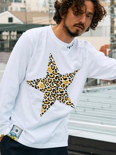 【予約品 5月8日(木) AM10時 締切】 5.6ozコットン天竺 レオパードスタースマイル発泡プリント LS Tシャツ / ホワイト