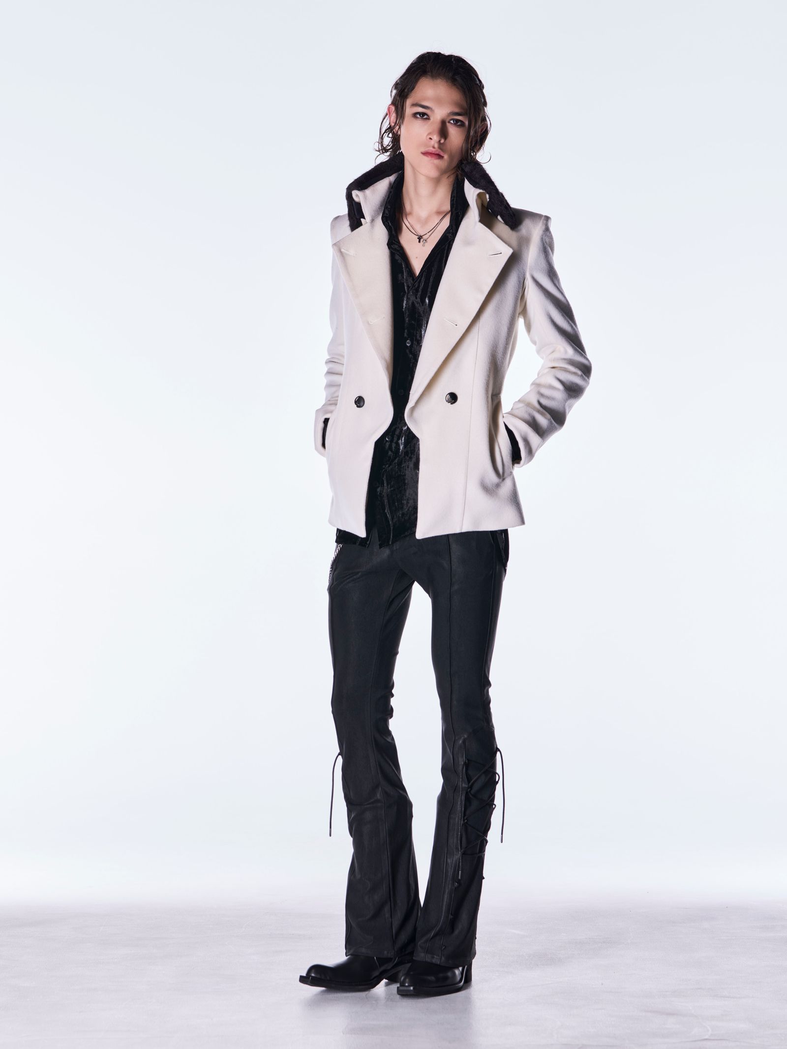 【予約品 6月29日(月) 締切】Coating High Tension Jersey Lace Up Flare Pants / コーティング レースアップ フレアパンツ / ブラック